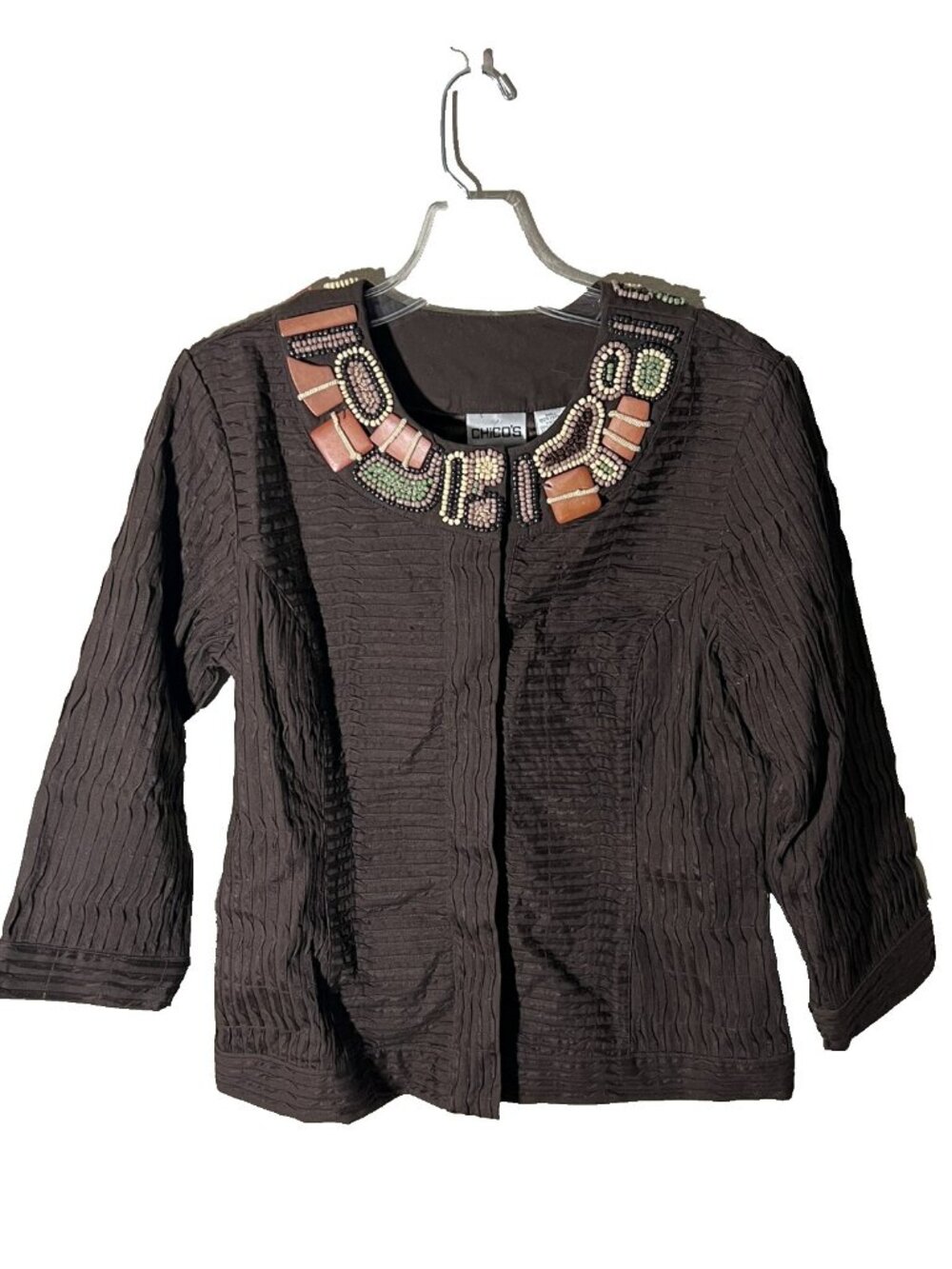 Chico's Womens Jacket size 0 Small Textured beaded wood Brown embellished neck - Picture 1 of 7